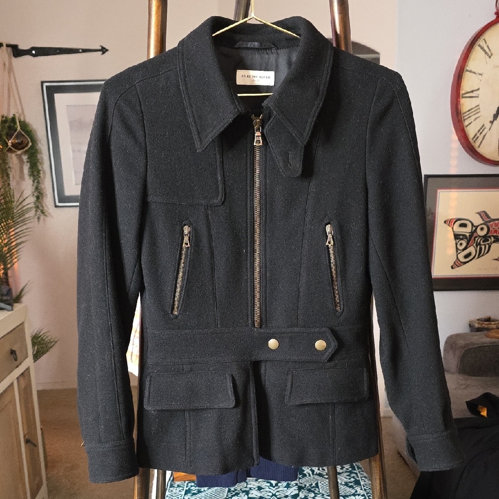 Dries Van Noten Black Utility Wool Jacket with Brass Tone Zipper Button Size 36